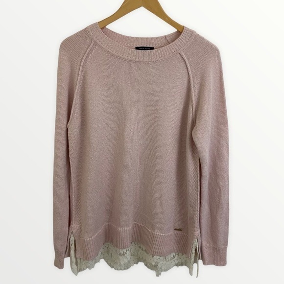 Tommy Hilfiger Lt Pink Metallic Lace Trim Sweater Sz L - Picture 1 of 12